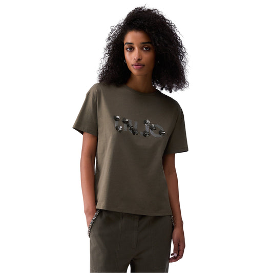 T-shirt con applicazioni gioiello sul logo in verde