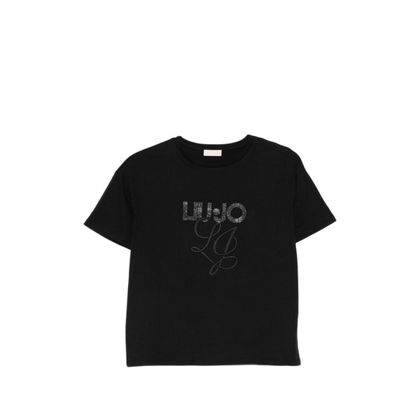 T-shirt Donna in cotone nero con logo strass