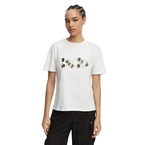 T-shirt Donna con logo con fiori applicati frontale