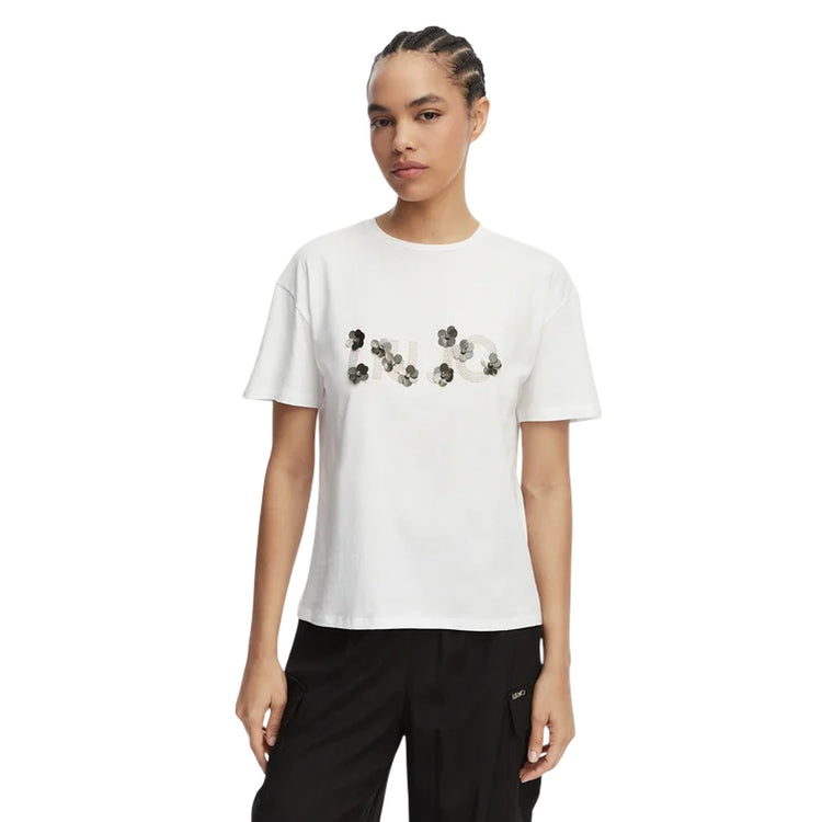 T-shirt Donna con logo con fiori applicati frontale