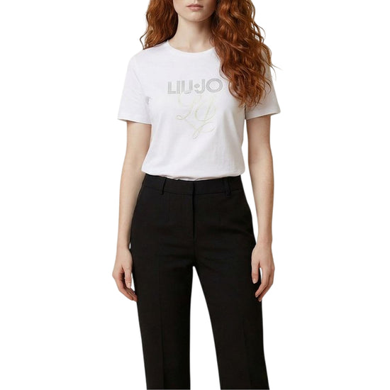 T-shirt Donna in cotone bianco con logo strass modella frontale
