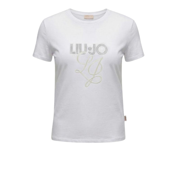 T-shirt Donna in cotone bianco con logo strass