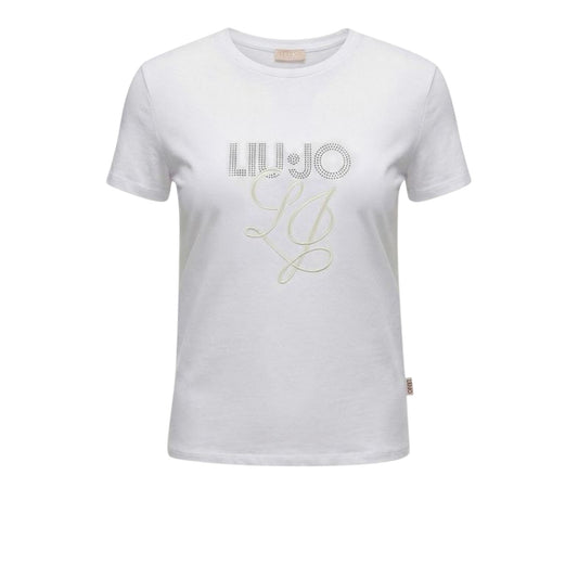 T-shirt Donna in cotone bianco con logo strass