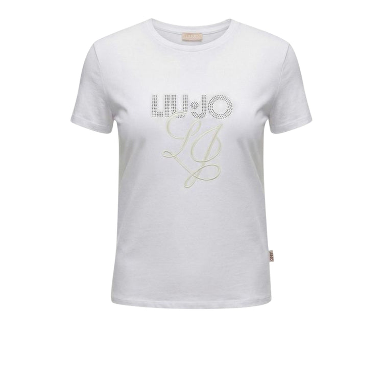 T-shirt Donna in cotone bianco con logo strass