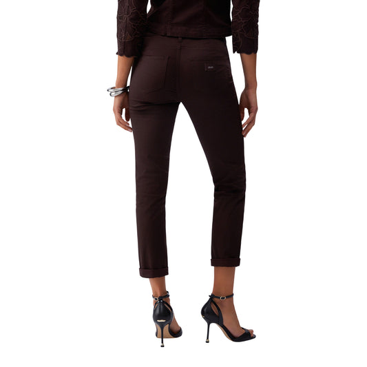 Pantaloni da donna skinny in raso e con risvolto in marrone