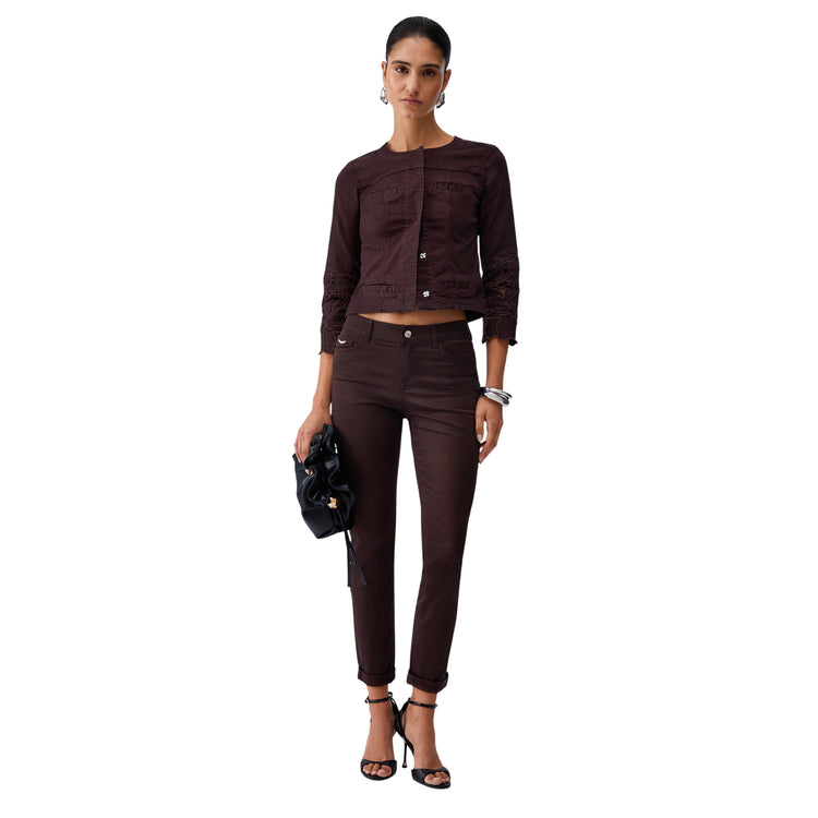 Pantaloni da donna skinny in raso e con risvolto in marrone