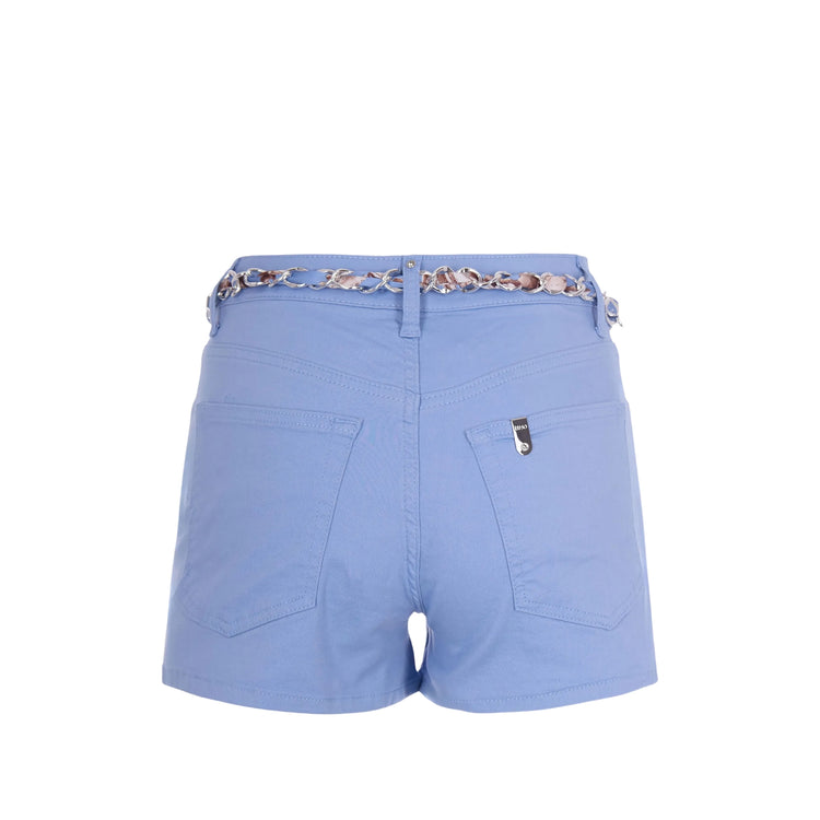 Shorts Donna, in cotone Blu, con cintura floreale
