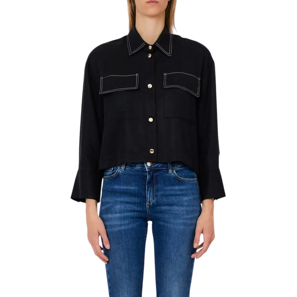 Camicia Donna cropped nera con bottoni dorati