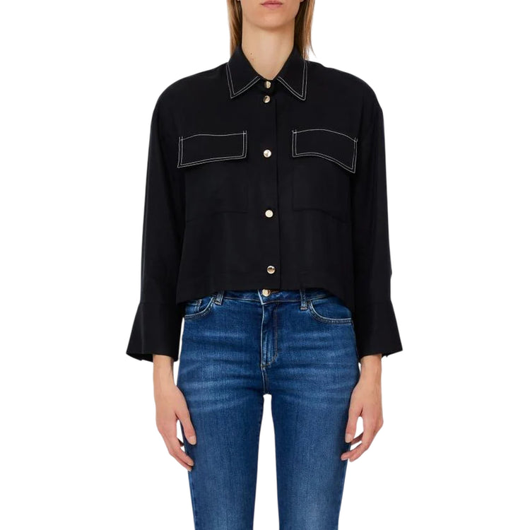 Camicia Donna cropped nera con bottoni dorati