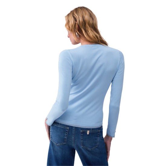 Maglia Donna con scollo a V e spacchetti Celeste modella retro