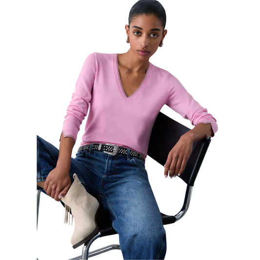 Maglia Donna con scollo a V Rosa modella frontale