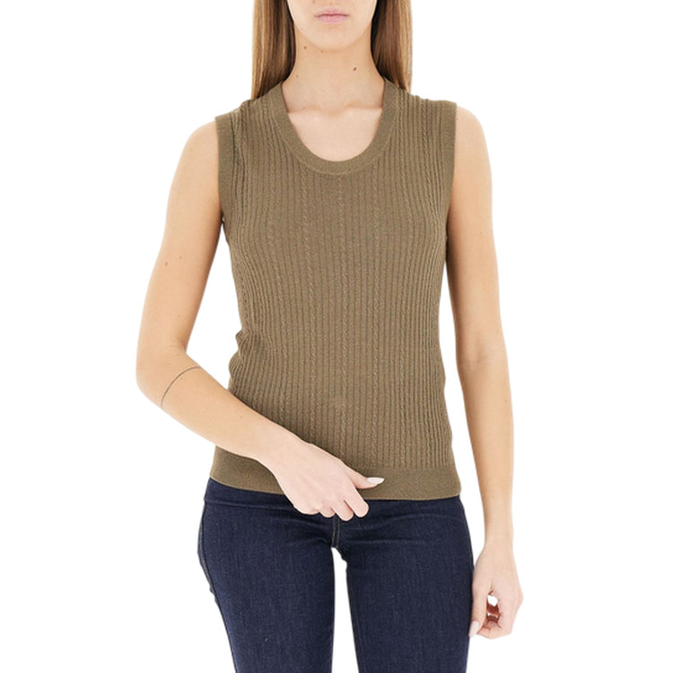 Maglia Donna Verde, lavorata a coste, con scollo tondo