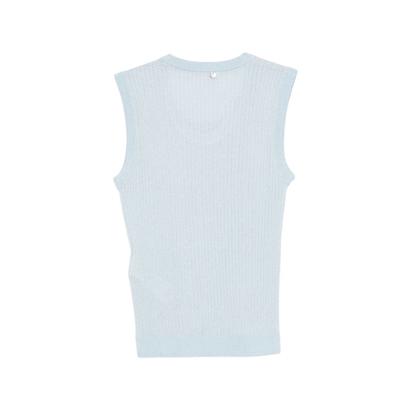 Maglia Donna Celeste, lavorata a coste, con scollo tondo