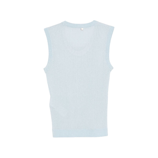 Maglia Donna Celeste, lavorata a coste, con scollo tondo