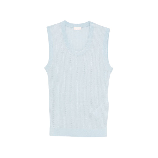Maglia Donna Celeste, lavorata a coste, con scollo tondo