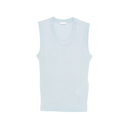 Maglia Donna Celeste, lavorata a coste, con scollo tondo