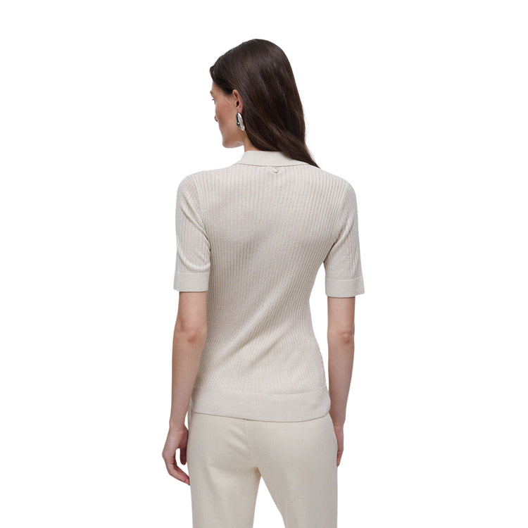 Maglia Donna Beige, con rifiniture in lurex, a polo