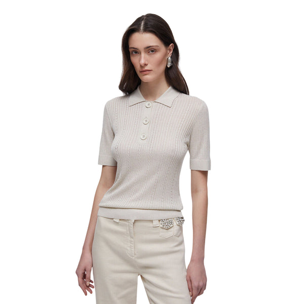 Maglia Donna Beige, con rifiniture in lurex, a polo