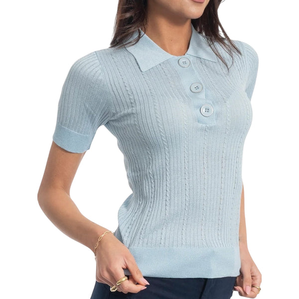 Maglia Donna Celeste, con rifiniture in lurex, a polo