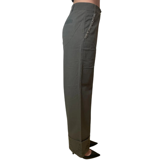 Pantalone wide leg verde oliva con pizzo e strass