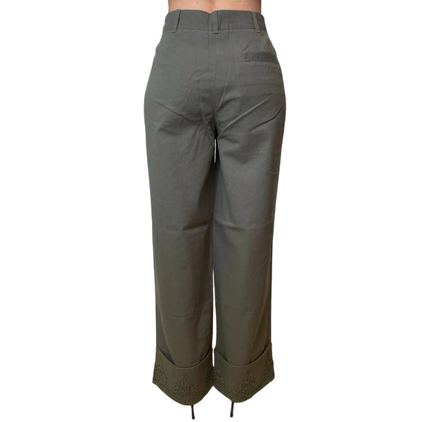 Pantalone wide leg verde oliva con pizzo e strass