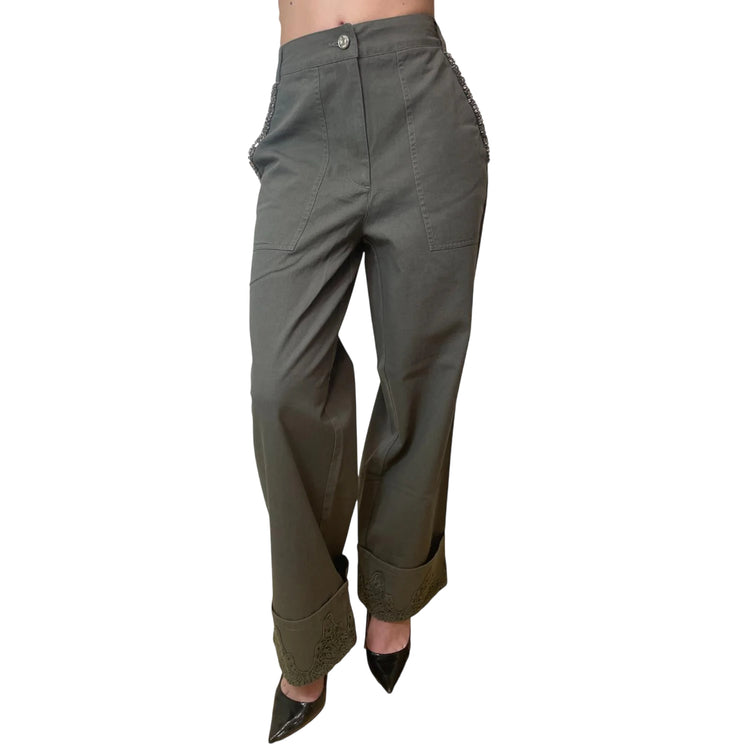 Pantalone wide leg verde oliva con pizzo e strass