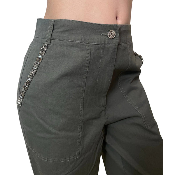 Pantalone wide leg verde oliva con pizzo e strass