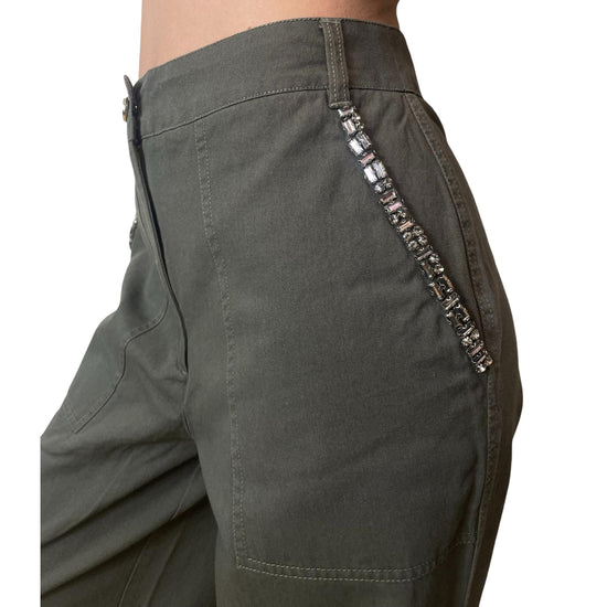 Pantalone wide leg verde oliva con pizzo e strass