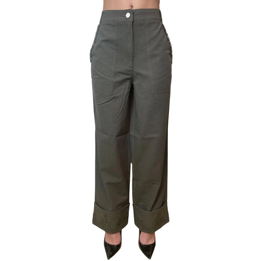Pantalone wide leg verde oliva con pizzo e strass