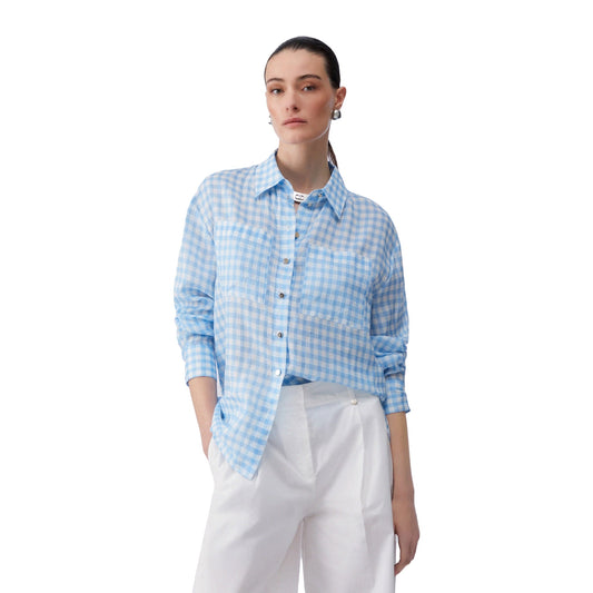 Camicia Donna con motivo vichy celeste modella frontale