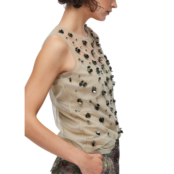 Top in tulle con applicazioni in beige