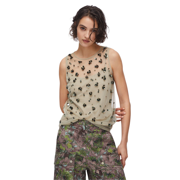 Top in tulle con applicazioni in beige