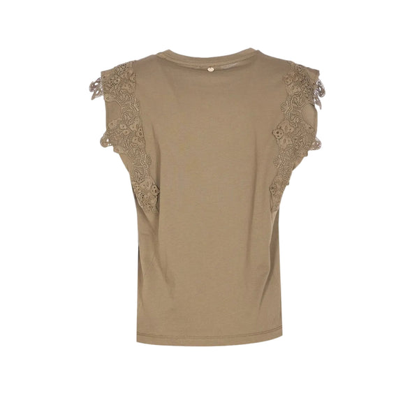 T-shirt verde oliva con pizzo e strass sulle maniche