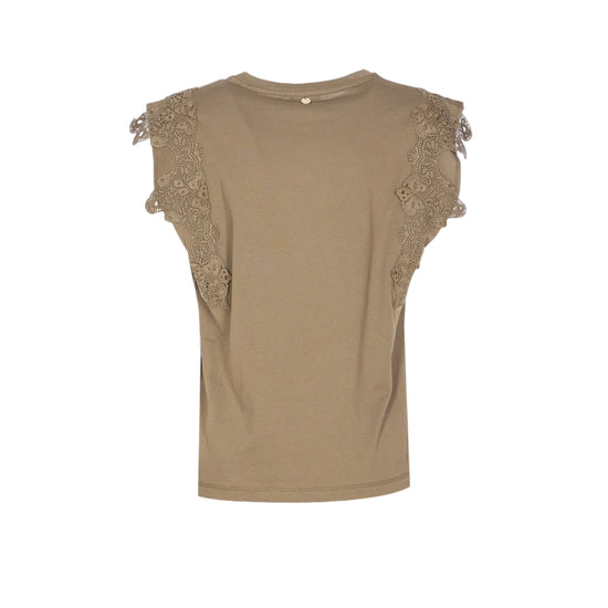 T-shirt verde oliva con pizzo e strass sulle maniche