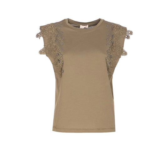 T-shirt verde oliva con pizzo e strass sulle maniche