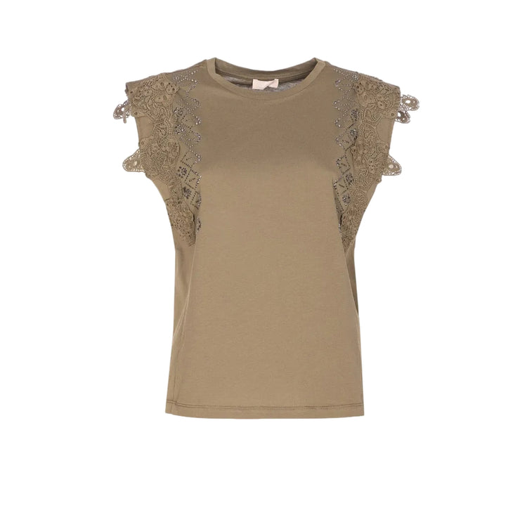 T-shirt verde oliva con pizzo e strass sulle maniche