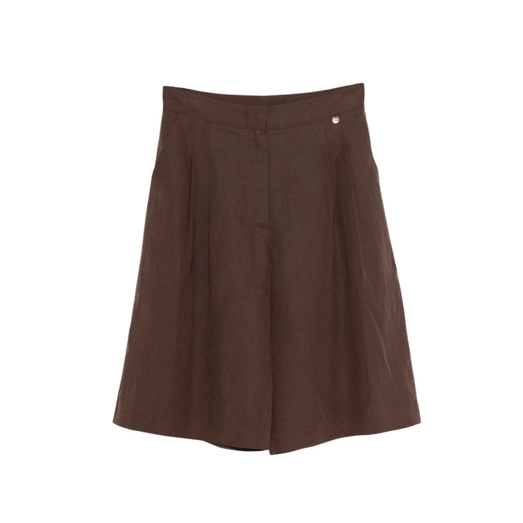 Bermuda Donna Marrone, in lino, con zip nascosta e clip