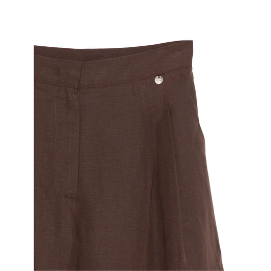 Bermuda Donna Marrone, in lino, con zip nascosta e clip