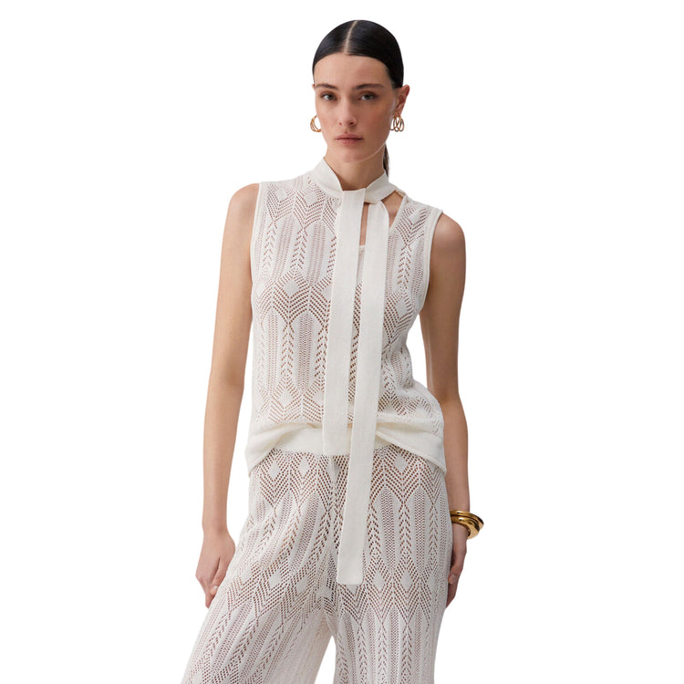 Top panna in maglia con fiocco