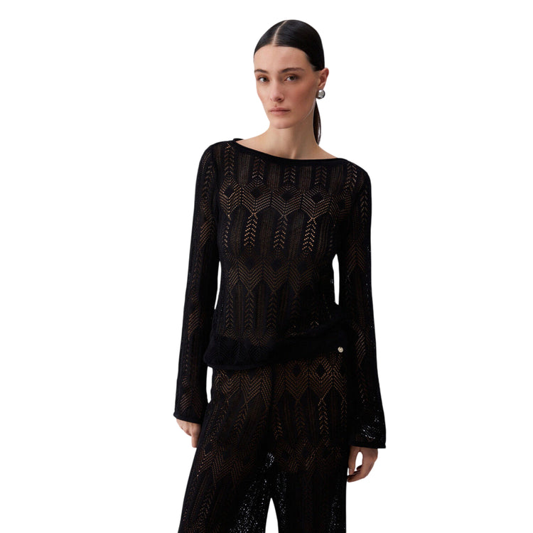 Maglia traforata nera a maniche lunghe