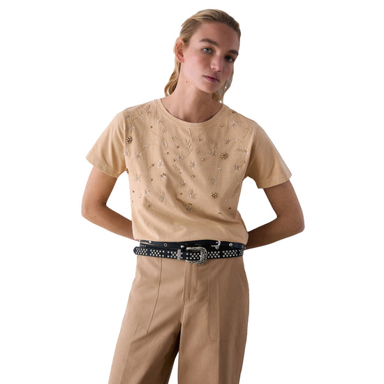 T-shirt Donna con ricami gioiello davanti modella frontale