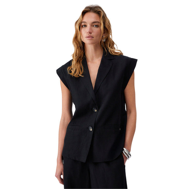 Gilet Donna in misto lino nero modella frontale