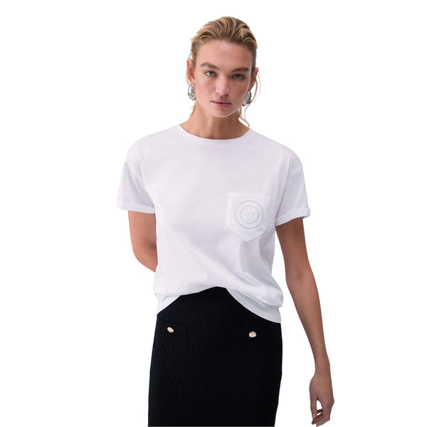 T-shirt bianca Donna con taschino modella frontale