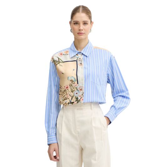 Camicia da donna celeste a righe con stampa