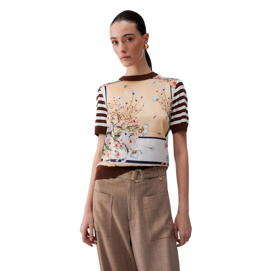 Maglietta a maniche corte marrone a righe con stampa