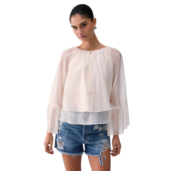 Blusa Donna Bianca con scollo a goccia e balze