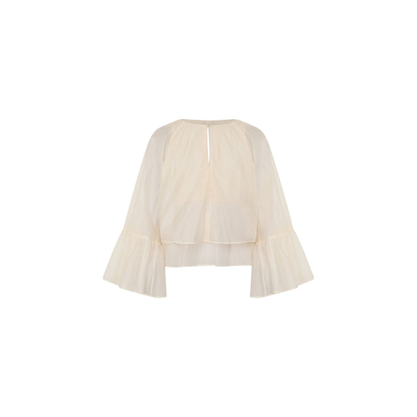 Blusa Donna Bianca con scollo a goccia e balze