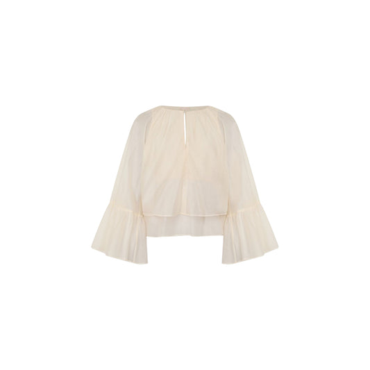 Blusa Donna Bianca con scollo a goccia e balze