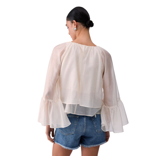Blusa Donna Bianca con scollo a goccia e balze