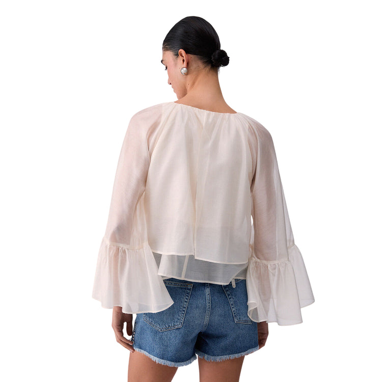 Blusa Donna Bianca con scollo a goccia e balze